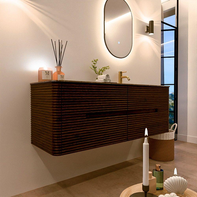 Mondiaz CIRO-DLUX Badkamermeubelset - 140x45x50cm - Solid surface wastafel Oza - 1 wasbak Rechts - 1 kraangat - 4 lades - Walnut