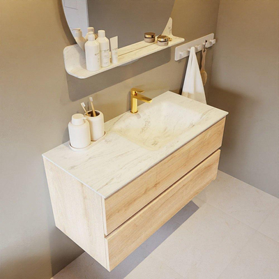 MONDIAZ VICA-DLUX Ensemble meuble de salle de bains - 100cm - sous-meuble chêne blanchi - 2 tiroirs - lavabo encastré cloud à droite - 1 trou de robinet - version haute 60cm - opalo