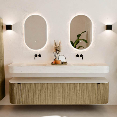 MONDIAZ THOR-DLUX Meuble de salle de bains 190cm arrondi gauche + droite couleur Dusk avec 2 tiroirs et 2 portes. Vasque suspendue CLOUD Double sans trou de robinet couleur Meli.