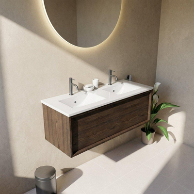 Saniclass Holz Frame Ensemble de meubles de salle de bains - 120x45x42cm - lavabo Vygo en céramique blanc - 2 vasques - 2 trous de robinetterie - 1 tiroir - chêne charcoal mat (bois)