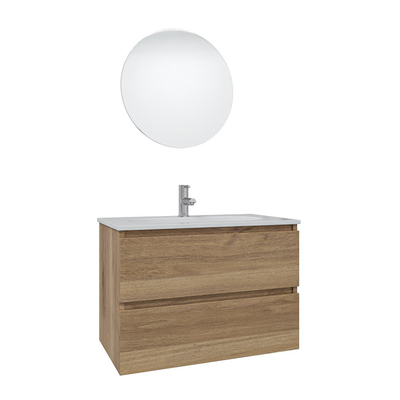 Adema Chaci Ensemble de meuble - 80x46x57cm - 1 vasque ovale en céramique blanc - 1 trou de robinet - 2 tiroirs - miroir rond avec éclairage - chêne