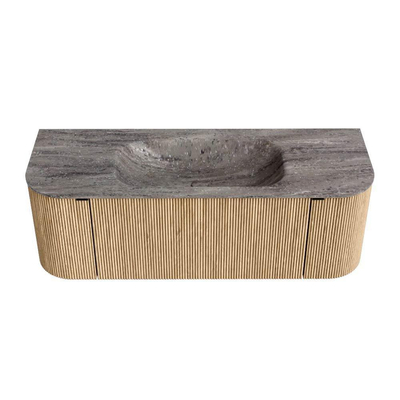 MONDIAZ KURVE-DLUX 130cm badmeubel ronding Links + Rechts kleur Oak met 1 lade en 2 deuren. Wastafel BIG SMALL Midden 1 kraangat Oza.