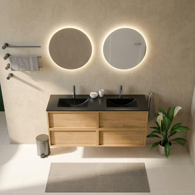 Saniclass Holz Frame Ensemble de meubles de salle de bains - 140x45x62cm - lavabo Vygo en céramique noir - 2 vasques - 2 trous de robinet - 4 tiroirs - chêne natural mat (bois)