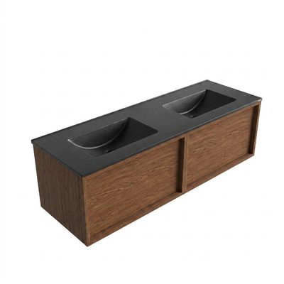 Saniclass Holz Frame Ensemble de meubles de salle de bains - 140x45x42cm - lavabo Vygo en céramique noir - 2 vasques - sans trous de robinetterie - 2 tiroirs - walnut pure mat (bois)