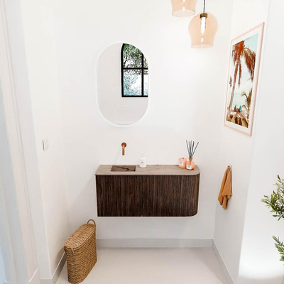 Mondiaz JOYA-DLUX 91.6cm toiletmeubel - ronding rechts kleur Walnut - Wastafel FAYE positie Links Zonder kraangat kleur Arena.