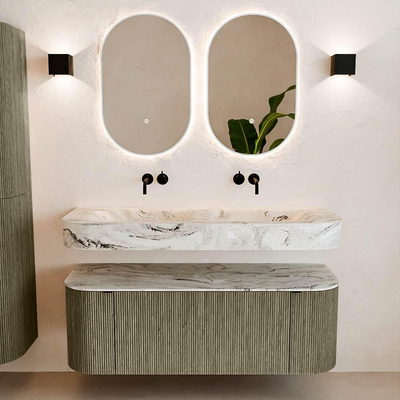 MONDIAZ THOR-DLUX 130cm meuble de salle de bains arrondi gauche + droite couleur Shadow avec 1 tiroir et 2 portes. Vasque suspendue CLOUD Double sans trou de robinet couleur Glace.