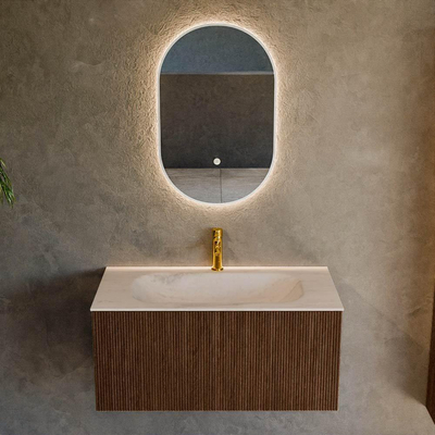 MONDIAZ KURVE-DLUX 90cm badmeubel kleur Walnut met 1 lade en 0 deuren. Wastafel BIG SMALL Midden 1 kraangat Meli.