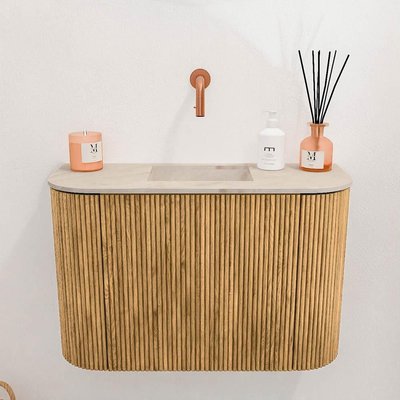 Mondiaz JOYA-DLUX 63.2cm toiletmeubel - ronding links en rechts kleur Oak - Wastafel FAYE positie Midden Zonder kraangat kleur Frappe.