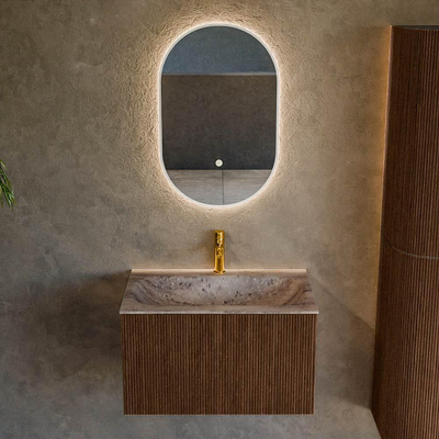 MONDIAZ KURVE-DLUX 70cm badmeubel kleur Walnut met 1 lade en 0 deuren. Wastafel BIG SMALL Midden 1 kraangat Oza.