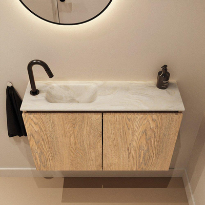 MONDIAZ TURE-DLUX Meuble toilette - 80cm - Washed Oak - EDEN - vasque Ostra - position gauche - 1 trou de robinet