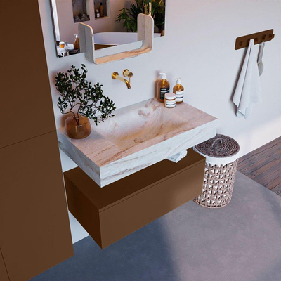 Mondiaz ALAN-DLUX Ensemble de meuble - 80cm - meuble Rust mat - 1 tiroir - Lavabo Cloud Frappe suspendu - vasque Centre - 0 trous de robinet