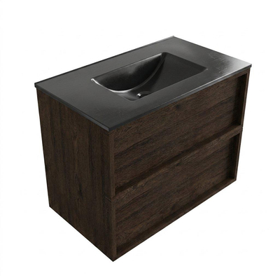 Saniclass Holz Frame Ensemble de meuble de salle de bains - 80x45x62cm - Vygo lavabo en céramique noir - 1 vasque - sans trou de robinet - 2 tiroirs - chêne charcoal mat (bois)