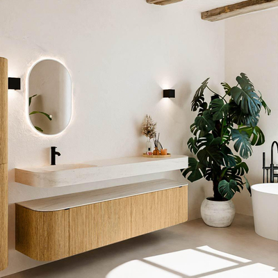 MONDIAZ THOR-DLUX 190cm badmeubel ronding links + rechts kleur Oak met 2 lades en 2 deuren. Vrijhangende wastafel CLOUD Links 1 kraangat kleur Meli.