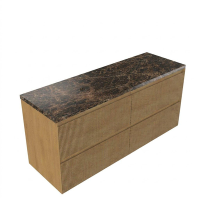 Saniclass Holz Atelier Ensemble meuble de salle de bains - 140x45x63cm - Plan de travail en pierre naturelle Noche dark emperador - sans trou de robinet - 4 tiroirs - chêne natural mat (bois)