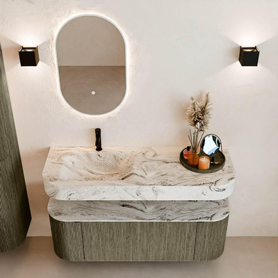 MONDIAZ THOR-DLUX 130cm meuble de salle de bains arrondi gauche + droite couleur Shadow avec 1 tiroir et 2 portes. Vasque suspendue CLOUD Gauche 1 trou de robinet couleur Glace.