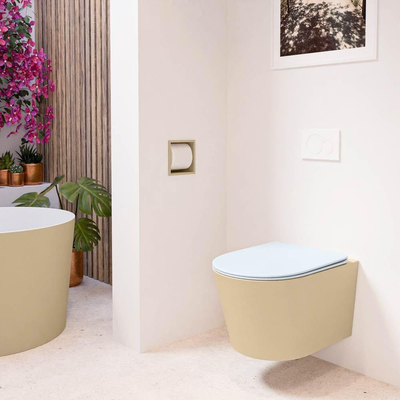 Mondiaz LAVIE hangtoilet – spoelrandloos – 36 x 53 cm – met softclose zitting – Sand (beige), zitting Clay (lichtblauw/grijs)