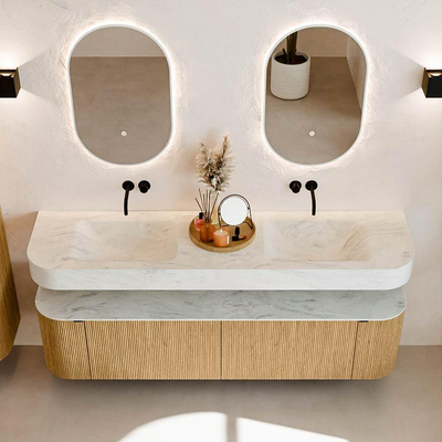 MONDIAZ THOR-DLUX 180cm badmeubel ronding links + rechts kleur Oak met 2 lades en 2 deuren. Vrijhangende wastafel CLOUD Dubbel zonder kraangat kleur Opalo.