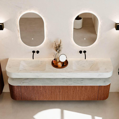 MONDIAZ THOR-DLUX 200cm meuble de salle de bains arrondi gauche + droite couleur Ruby avec 2 tiroirs et 2 portes. Vasque suspendue CLOUD Double sans trou de robinet couleur Opalo.