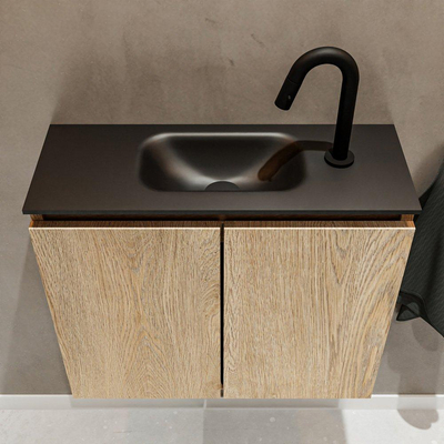 MONDIAZ TURE Fonteinset - 60x23x50cm - 1 kraangat - 2 deuren - washed oak mat - Wasbak midden - Solid Surface Zwart