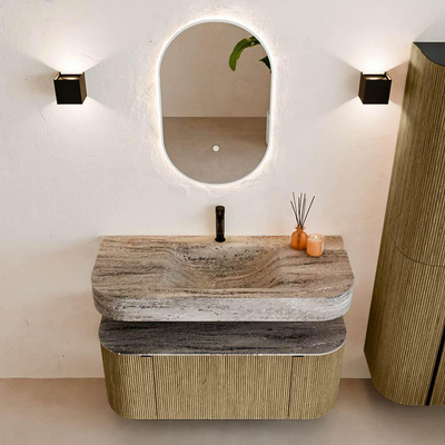 MONDIAZ THOR-DLUX 110cm meuble de salle de bains arrondi gauche + droite couleur Dusk avec 1 tiroir et 2 portes. Vasque suspendue CLOUD Milieu 1 trou de robinet couleur Oza.