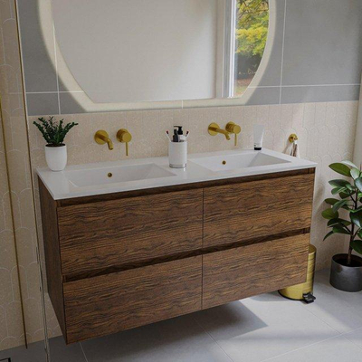 Saniclass Holz Pure Meuble de salle de bain - 120x45x60cm - lavabo en céramique blanc - 2 vasques - sans trous de robinet - 4 tiroirs - Walnut pure