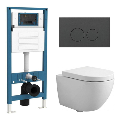 QeramiQ Dely Swirl Compact Toiletset - inbouwreservoir QeramiQ flush - 25mm zitting - kunststof bedieningsplaat mat antraciet - ronde knoppen - glans wit