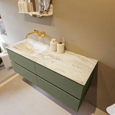 MONDIAZ VICA-DLUX Ensemble meuble de salle de bains - 130cm - meuble sous-vasque army - 4 tiroirs - lavabo encastré cloud gauche - sans trous de robinetterie - version haute 60cm - glace