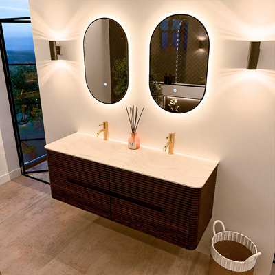 Mondiaz CIRO-DLUX Ensemble meuble de salle de bains - 140x45x50cm - Plan-vasque en solid surface Meli - 2 vasques double - 2 trous de robinetterie - 4 tiroirs - Noyer