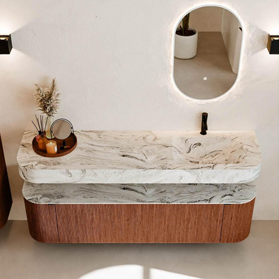 MONDIAZ THOR-DLUX Meuble de salle de bains 170cm arrondi gauche + droite couleur Ruby avec 1 tiroir et 2 portes. Vasque suspendue CLOUD Droite 1 trou de robinet couleur Glace.