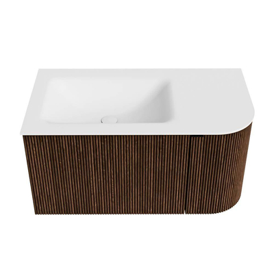 MONDIAZ KURVE Meuble de salle de bains 85 cm avec module 25 R couleur Walnut avec 1 tiroir et 1 porte. Lavabo CLOUD gauche 1 trou de robinet Talc.