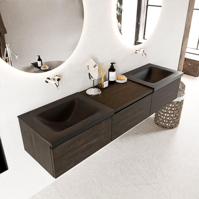MONDIAZ BUKLA meuble de salle de bain 180 cm avec module 60 couleur Marron Foncé avec 3 tiroirs. Lavabo CLOUD double 0 trou de robinet couleur Urban.