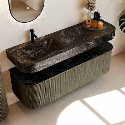 MONDIAZ THOR-DLUX 150cm meuble de salle de bains arrondi gauche + droite couleur Shadow avec 1 tiroir et 2 portes. Vasque suspendue CLOUD Gauche 1 trou de robinet couleur Lava.