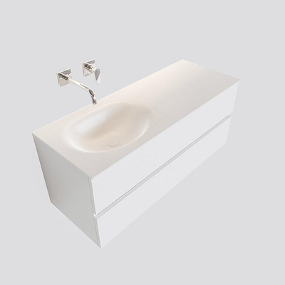 MONDIAZ VICA Ensemble de meuble salle de bain - 120cm - 2 tiroirs - lavabo Moon gauche - 0 trous de robinet - solid surface talc