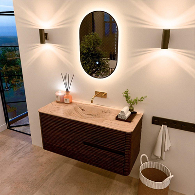Mondiaz CIRO-DLUX Badkamermeubelset - 110x45x50cm - Solid surface wastafel Arena - 1 wasbak Midden - zonder kraangaten - 2 lades - Walnut
