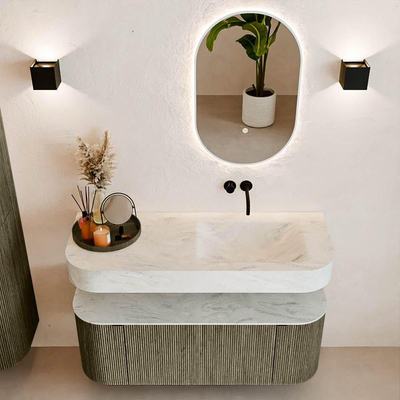 MONDIAZ THOR-DLUX 120cm meuble de salle de bains arrondi gauche + droite couleur Shadow avec 1 tiroir et 2 portes. Vasque suspendue CLOUD Droite sans trou de robinet couleur Opalo.