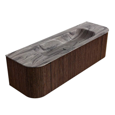 MONDIAZ KURVE-DLUX 150cm badmeubel ronding Links + Rechts kleur Walnut met 1 lade en 2 deuren. Wastafel BIG MEDIUM Midden zonder kraangat Sombra.
