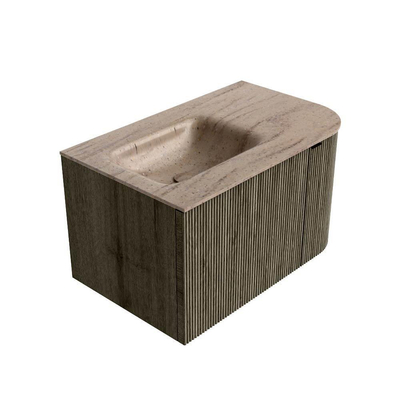 MONDIAZ KURVE-DLUX Meuble de salle de bains 75cm arrondi à droite couleur Shadow avec 1 tiroir et 1 porte. Lavabo GRUNNE à gauche sans trou de robinet Saba.