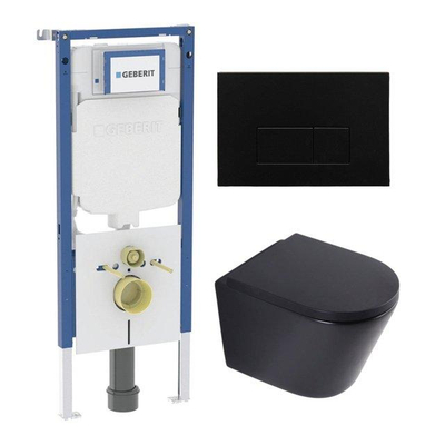 QeramiQ Dely Toiletset - 36.3x51.7cm - diepspoel - rimless - Geberit UP720 inbouwreservoir - softclose toilet zitting 35 mm - metaal mat zwarte bedieningsplaat - rechthoekige knoppen - mat zwart