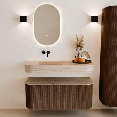 MONDIAZ THOR-DLUX 110cm badmeubel ronding links + rechts kleur Walnut met 1 lade en 2 deuren. Vrijhangende wastafel CLOUD Links zonder kraangat kleur Saba.