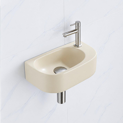 QeramiQ Fuente fonteinset – halfrond – 40x21.5x12 cm – keramiek beige – kraangat rechts – kraan geborsteld RVS