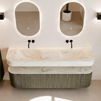 MONDIAZ THOR-DLUX Meuble de salle de bains - 170cm - arrondi gauche + droite - couleur Shadow - 1 tiroir - 2 portes - Vasque suspendue CLOUD Double sans trou de robinet - couleur Ostra