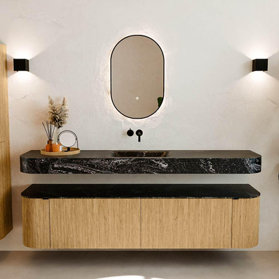 MONDIAZ THOR-DLUX Meuble de salle de bains - 190cm - arrondi gauche + droite - couleur Oak - 2 tiroirs - 2 portes - Vasque suspendue CLOUD Milieu sans trou de robinet - couleur Lava