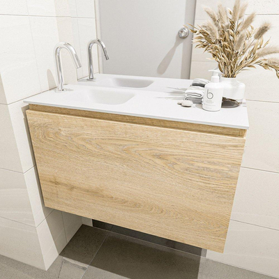 MONDIAZ OLAN Toiletmeubel 80x30x40cm met 1 kraangaten 1 lades washed oak mat Wastafel Lex links Solid Surface Wit