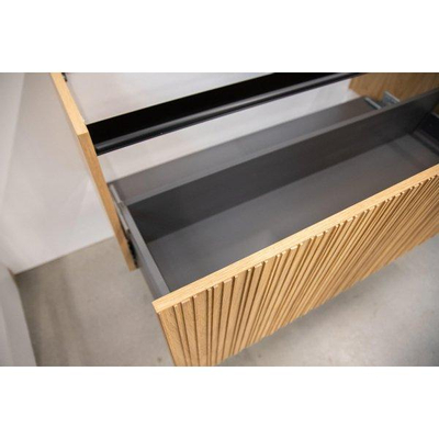 Saniclass Holz Base Badkamermeubelset - 120cm - 2 keramische wasbakken zwart - 2 kraangaten - 1 lade - Spiegelkast - eiken SHOWROOMMODEL