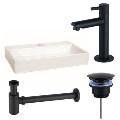 FortiFura Fuente Pack Lave-mains - 38x7x24cm - 1 trou de robinet - céramique - robinet Noir mat - Blanc