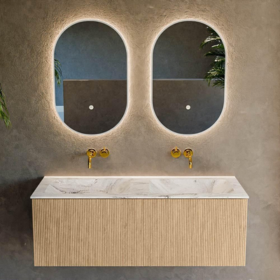 MONDIAZ KURVE-DLUX 120cm badmeubel kleur Oak met 1 lade. Wastafel LEAF dubbel zonder kraangat kleur Glace.