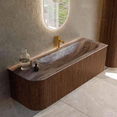 MONDIAZ KURVE-DLUX meuble de salle de bains 135cm arrondi à gauche couleur noyer avec 1 tiroir et 1 porte. Lavabo BIG MEDIUM à droite 1 trou de robinet Oza.