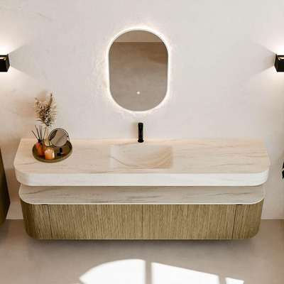 MONDIAZ THOR-DLUX 200cm meuble de salle de bains arrondi gauche + droite couleur Dusk avec 2 tiroirs et 2 portes. Vasque suspendue CLOUD Milieu 1 trou de robinet couleur Meli.