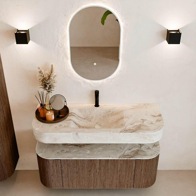 MONDIAZ THOR-DLUX 120cm badmeubel ronding links + rechts kleur Walnut met 1 lade en 2 deuren. Vrijhangende wastafel CLOUD Midden 1 kraangat kleur Frappe.