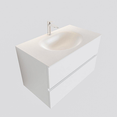 MONDIAZ VICA Ensemble de meuble salle de bain - 80cm - 2 tiroirs - lavabo Moon central - 1 trou de robinet - solid surface talc